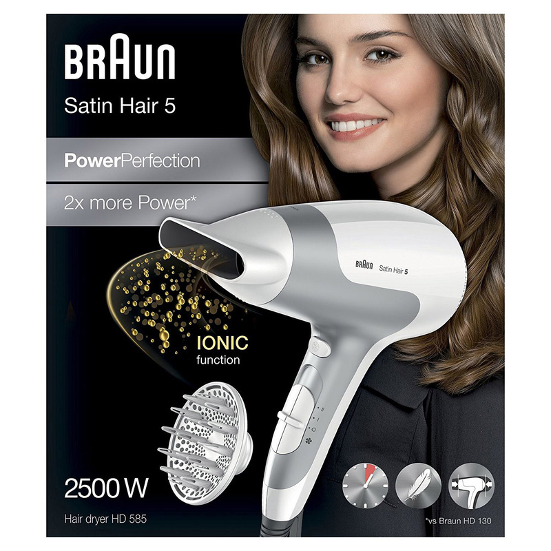 Braun Satin Hair 5 Power Perfection HD585 Hair Dryer, 2500 Watts, White/Grey