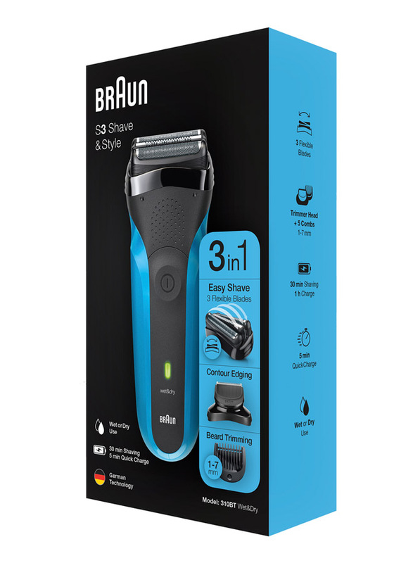Braun 3-in-1 Series 3 Electric Shaver with Trimmer Heads and 5 Combs, 310BT, Black/Blue