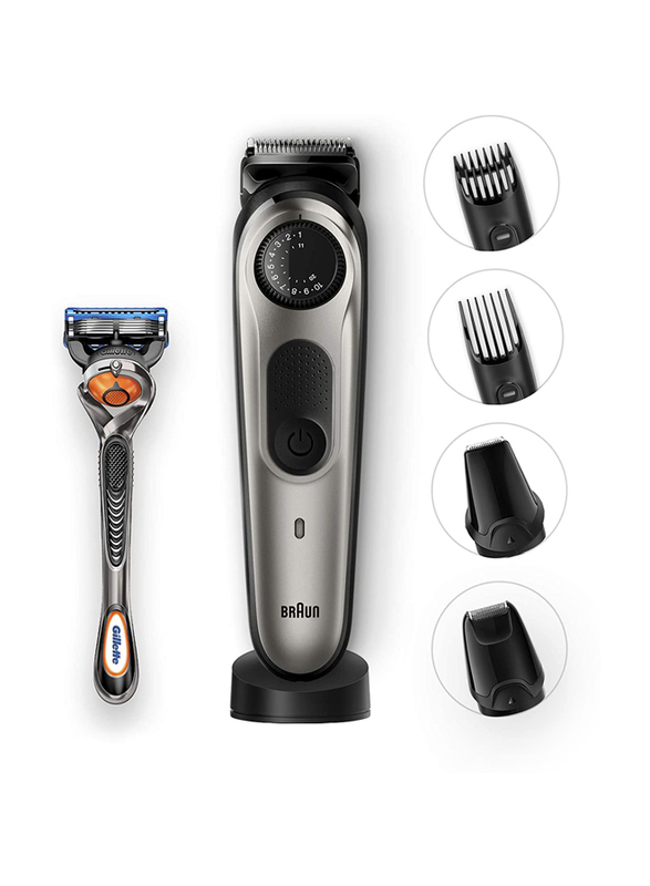 Braun BT7940 Rechargeable Beard and Hair Trimmer, with Gillette Fusion 5 ProGlide Razor and Toiletry Set, Grey/Black