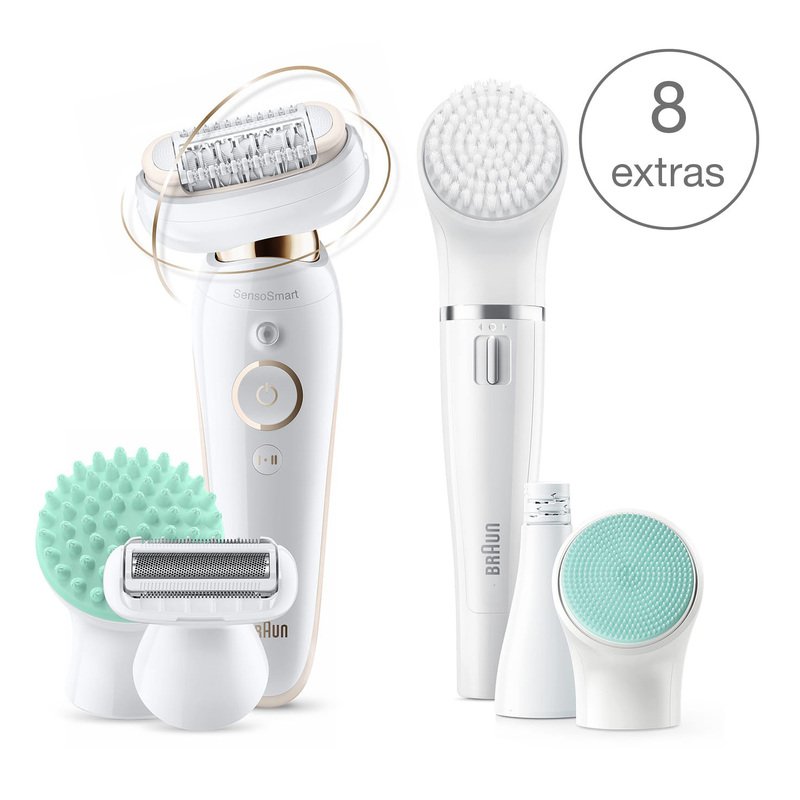 Braun Silk-epil 9 Flex 9300 Beauty, Wet & Dry Epilator with 8 Extras Including FaceSpa, 9 Pieces, White/Green