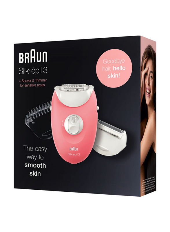 Braun Silk-epil 3 SE 3440 Epilator with Shaver Head and Trimmer Cap, 3 Pieces, White/Coral