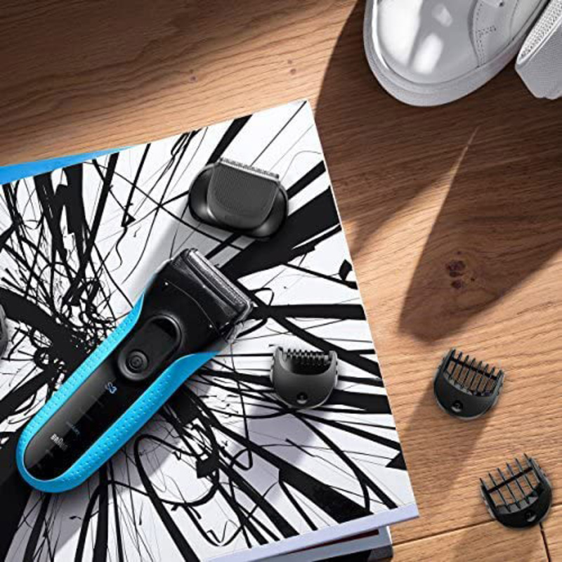 Braun Series 3 Shave and Style 3010BT Wet and Dry Rechargeable Shaver, with Trimmer Head and 5 Combs, Blue/Black