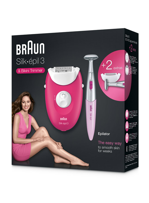 Braun Silk-epil 3 3420 Epilator with 2 Extras Including Massage Rollers and Bikini Trimmer, 3 Pieces, White/Pink