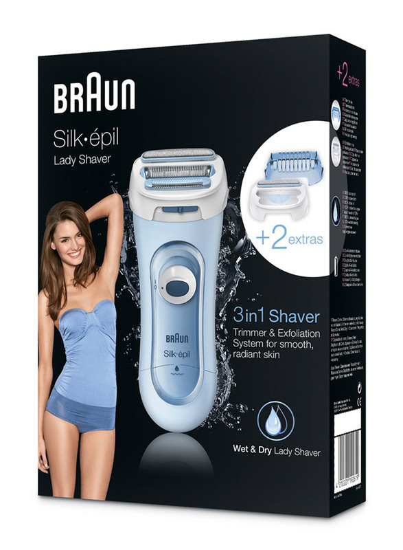Braun Silk-epil LS 5160 Wet & Dry 3-in-1 Lady Shaver with 2 Extras Attachments, 3 Pieces, Blue