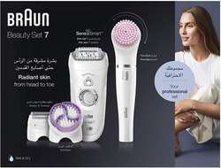 Braun Silk-epil 7 7-885 Beauty, Wet & Dry Epilator with 4 Extras Including FaceSpa, 5 Pieces, White/Silver