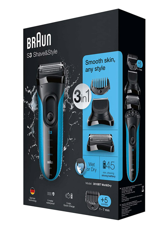 Braun Series 3 Shave and Style 3010BT Wet and Dry Rechargeable Shaver, with Trimmer Head and 5 Combs, Blue/Black