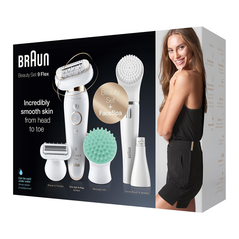 Braun Silk-epil 9 Flex 9300 Beauty, Wet & Dry Epilator with 8 Extras Including FaceSpa, 9 Pieces, White/Green