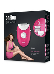 Braun Silk-epil 3 SE3410 Epilator with 3 Extras Including Shaver Head and Trimmer Cap, 4 Pieces, White/Pink
