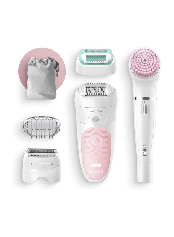 Braun Silk-epil 5 5785 SensoSmart Beauty, Wet & Dry Epilator with 5 Extras Including Face Epilator, 6 Pieces, White/Silver/Pink