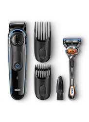 Braun BT3940 Rechargeable Beard and Hair Trimmer, with Gillette Fusion 5 Proglide Razor and Toiletry Set, Black/Blue