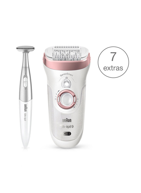 Braun Silk-epil 9 SensoSmart 9-890 Wet & Dry Epilator with 7 Extras Including 3-in-1 Bikini Trimmer for Women, 8 Pieces, White/Rose Gold