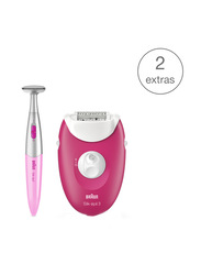 Braun Silk-epil 3 3420 Epilator with 2 Extras Including Massage Rollers and Bikini Trimmer, 3 Pieces, White/Pink