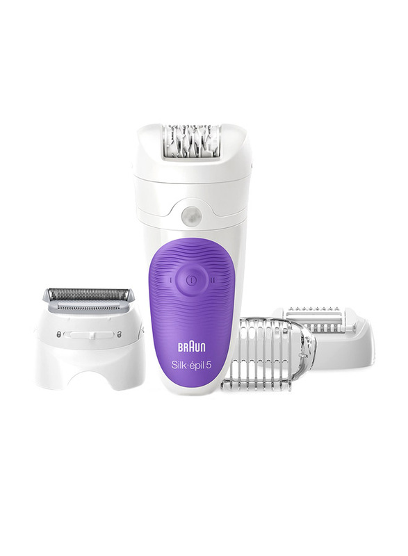 Braun Silk-epil 5 SE5541 Wet & Dry Cordless Epilator with 5 Extras Including Shaver Head and Trimmer Cap, 6 Pieces, White/Purple