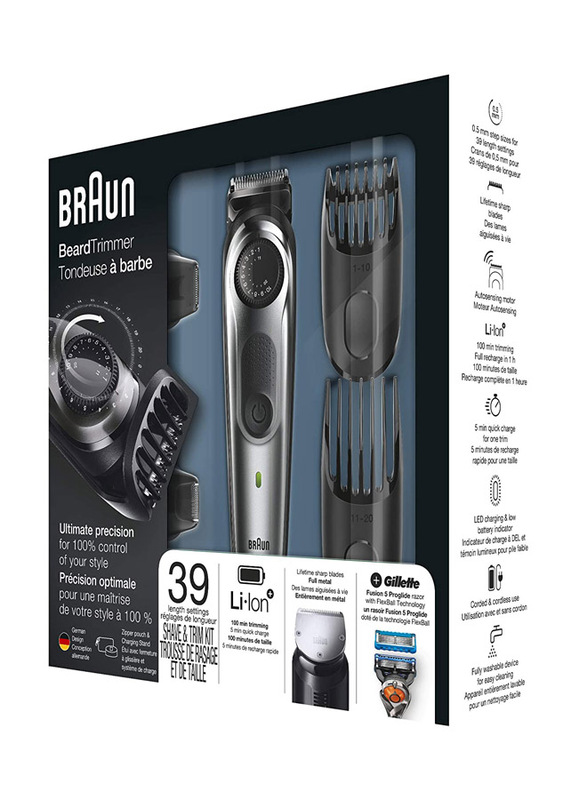 Braun BT7240 Rechargeable Beard and Hair Trimmer, with Gillette Fusion 5 Proglide Razor, Grey/Black
