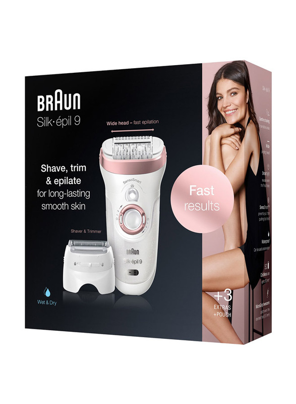 Braun Silk-epil 9 9-720 Wet & Dry Epilator with 4 Extras Including Shaver Head, 5 Pieces, White/Rose Gold