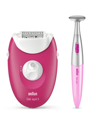 Braun Silk-epil 3 3420 Epilator with 2 Extras Including Massage Rollers and Bikini Trimmer, 3 Pieces, White/Pink