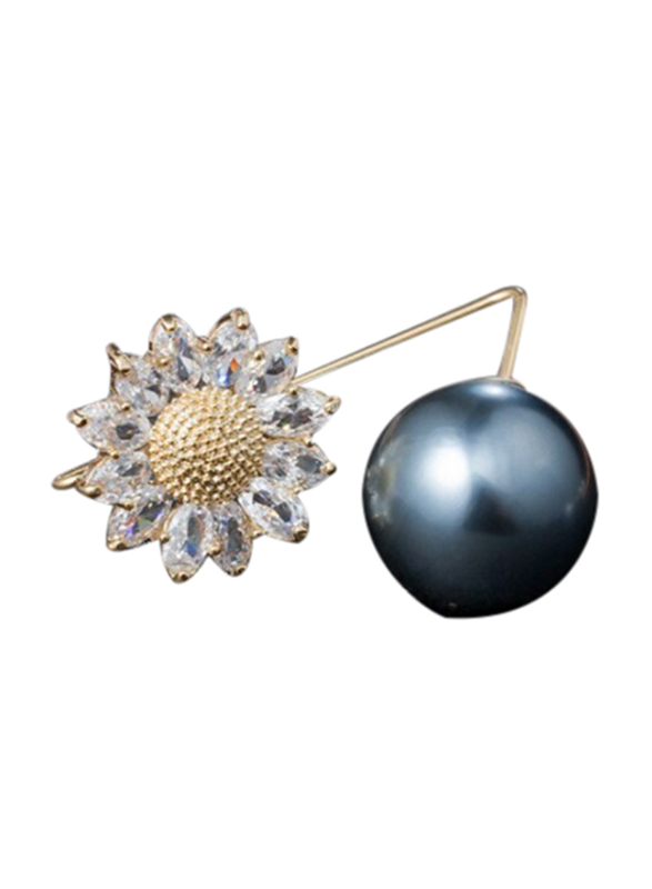 Pearl and Sun Flower Long Fashion Brooch, Black/Golden