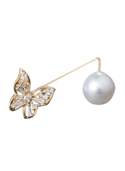 Pearl and Butterfly Long Fashion Brooch, White/Golden