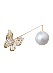 Pearl and Butterfly Short Fashion Brooch, White/Golden