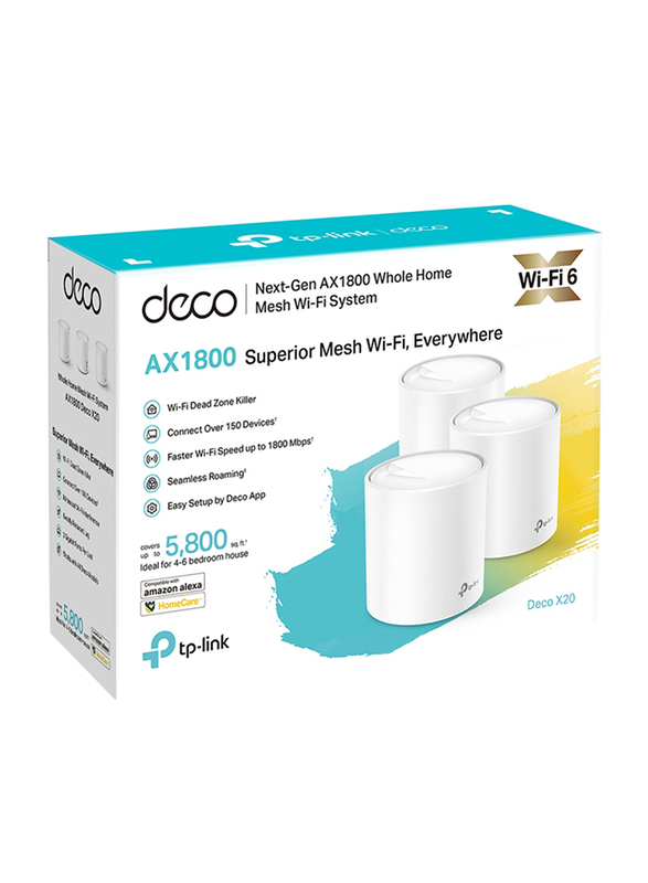 TP-Link Deco X20 Whole Home Mesh Wi-Fi 6 System, 3 Pieces, AX1800, White