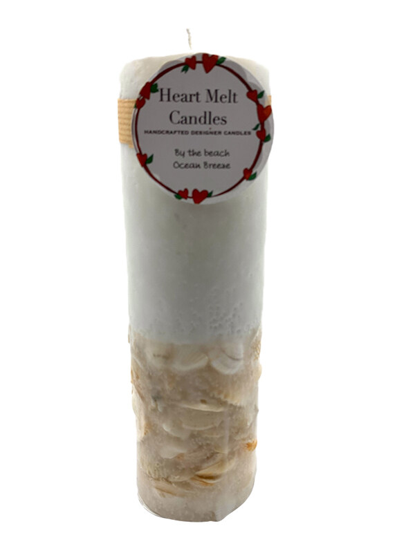 

Heart Melt Candles Ocean Breeze Fragrance By the Beach Handmade Pillar Candle, Real Sea Shells Embedded, 3X 9.5 inch, Off White