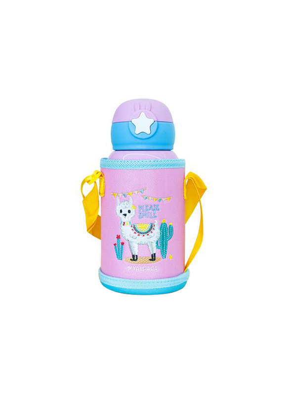 Waicee 600ml My Alpaca Stainless Steel Insulated Kids Vacuum Flask with Straw and Outer Bag, Pink