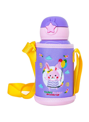 Waicee 600ml My Happy Rabbit Stainless Steel Insulated Kids Vacuum Flask with Straw and Outer Bag, Purple