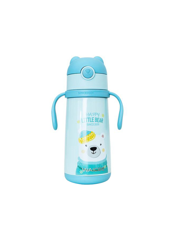 Waicee 400ml Happy Little Bear Stainless Steel Insulated Kids Vacuum Flask with Straw, Blue