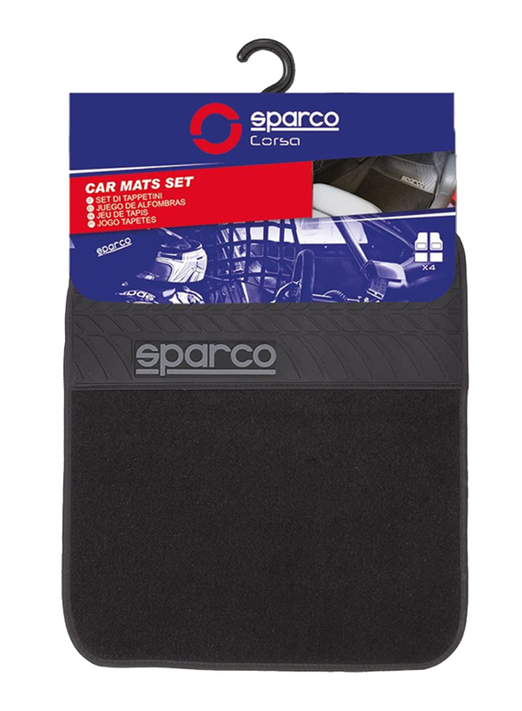 Sparco Carpet Car Floor Mat Set with PVC Heel Pad, Universal Size, 4 Pieces, Black