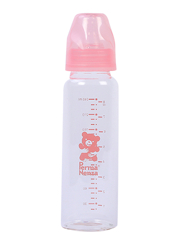 Permanenza Standard Neck Glass Feeding Bottle, 240ml, Pink