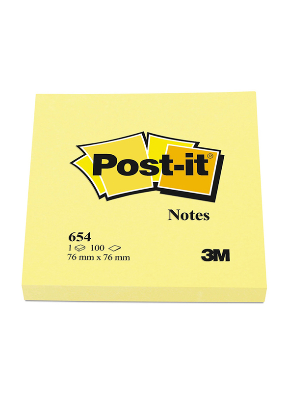 3M Post It 654 Sticky Notes, 76 x 76mm, 100 Sheets. Yellow