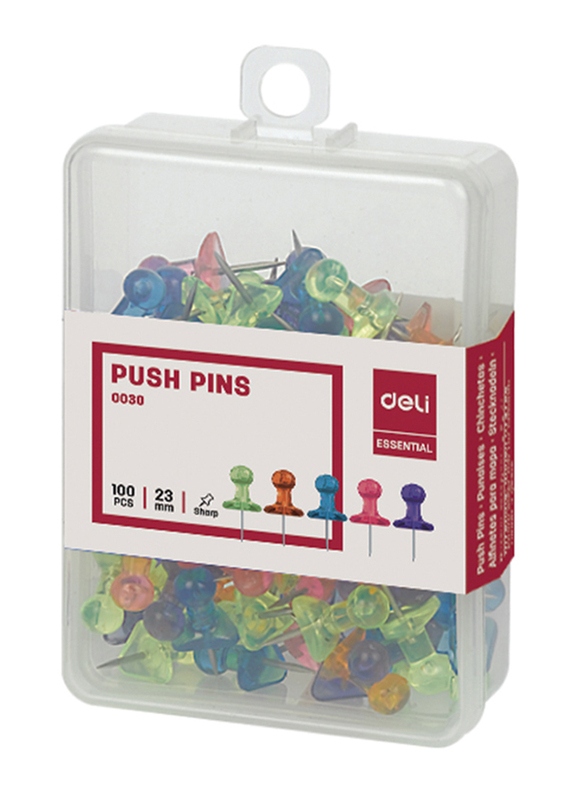 Deli Essential Transparent Push Pins, 100 Pieces, 23mm, 0030, Assorted Colors