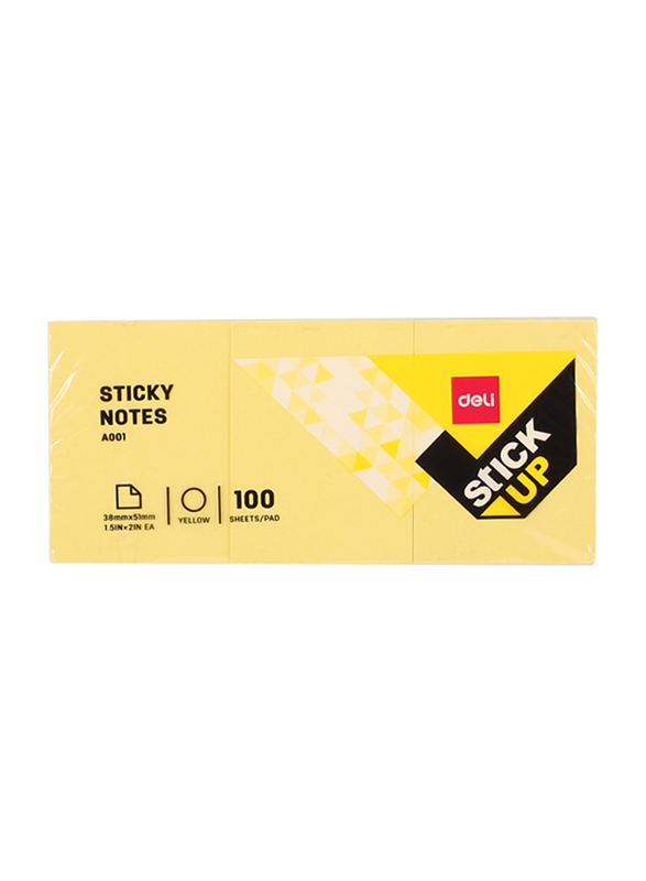 Deli A001 Sticky Notes, 38 x 51mm, 100 Sheets, Yellow