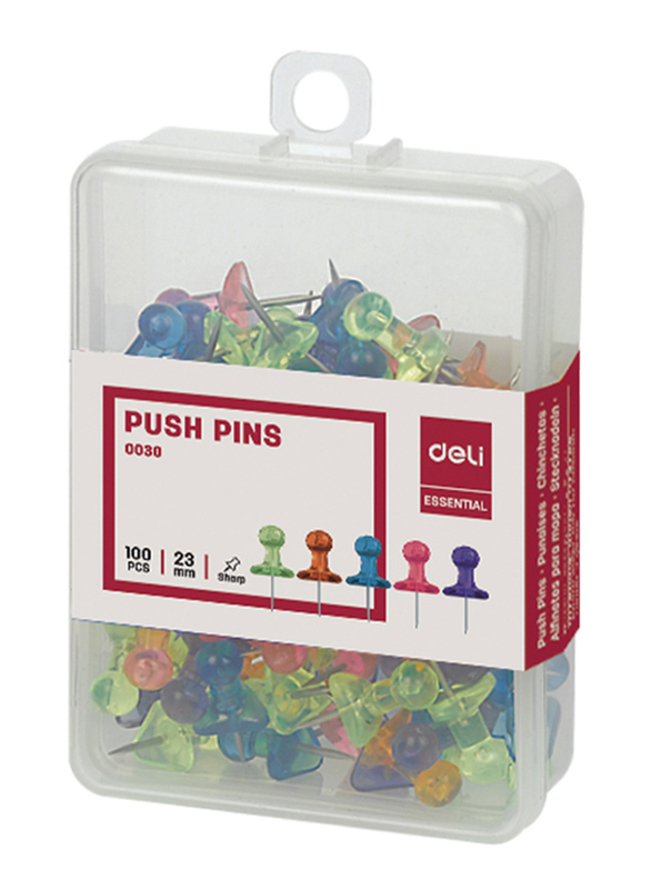 Deli Essential Transparent Push Pins, 100 Pieces, 23mm, 0030, Assorted Colors