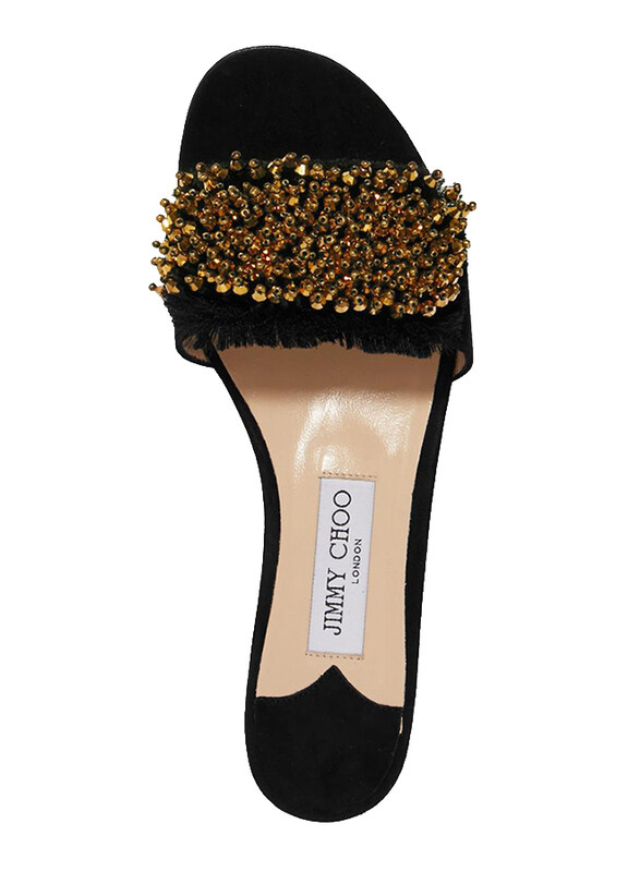 

Jimmy Choo Waida Beaded Fringed Suede Flat Sandal, 37.5 EU, Black