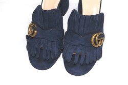 GUCCI Kid Scamosciato GG Marmont Fringe Slide Sandals, Blue Ink