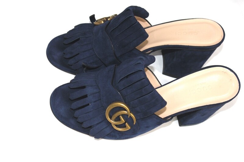 GUCCI Kid Scamosciato GG Marmont Fringe Slide Sandals, Blue Ink