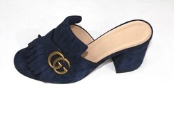 GUCCI Kid Scamosciato GG Marmont Fringe Slide Sandals, Blue Ink