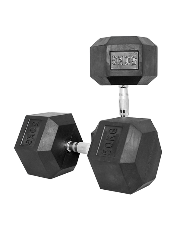 1441 Fitness Solid Cast Iron Core Rubber Coated Hex Dumbbell, 50KG, Black/Silver
