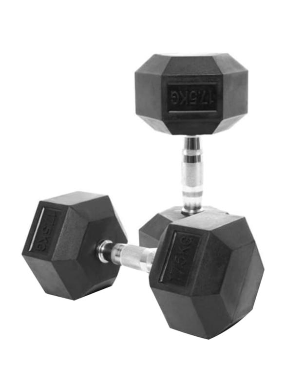 1441 Fitness Solid Cast Iron Core Rubber Coated Hex Dumbbell, 17.5KG, Black/Silver