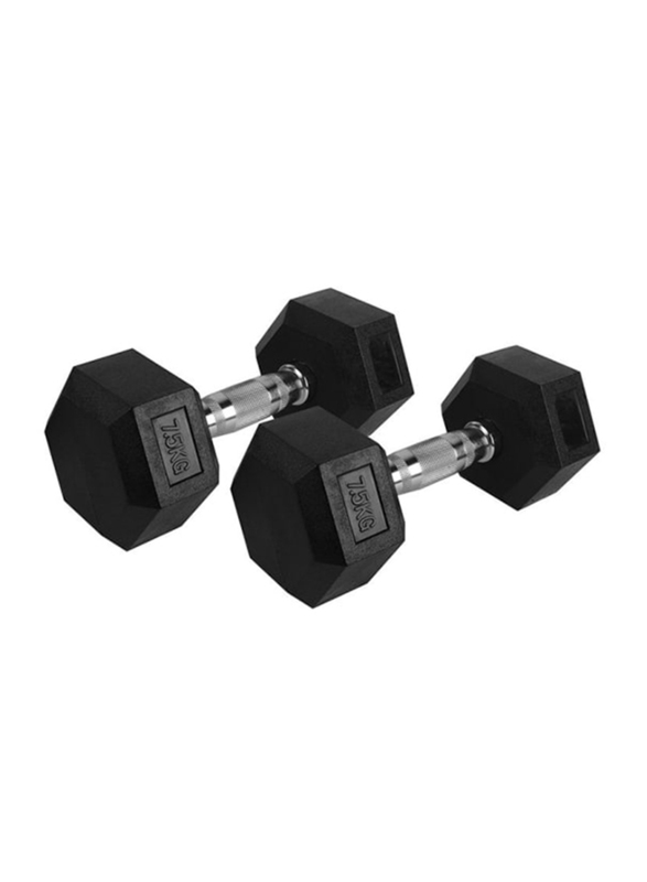 1441 Fitness Solid Cast Iron Core Rubber Coated Hex Dumbbell, 7.5KG, Black/Silver