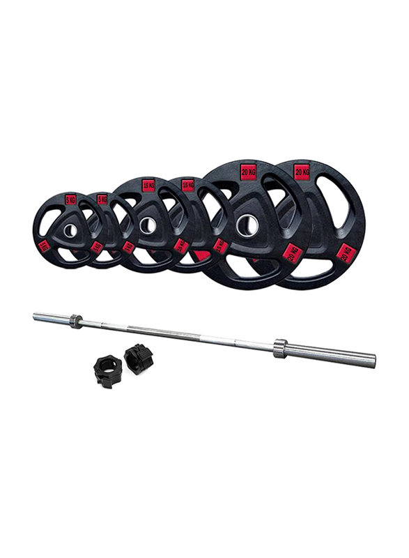 1441 Fitness 6 Feet Olympic Size Barbell Bar with Plates set, 100KG, Black/Silver