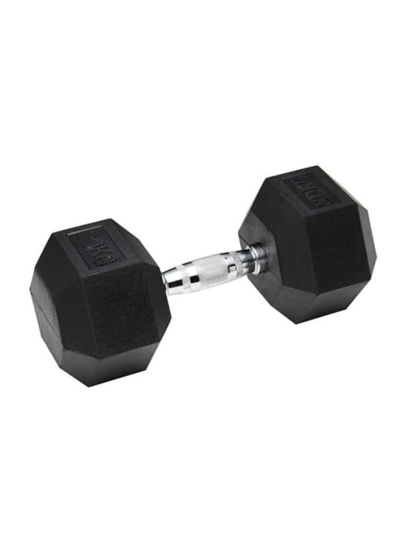 1441 Fitness Solid Cast Iron Core Rubber Coated Hex Dumbbell, 20KG, Black/Silver