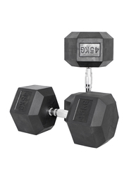 1441 Fitness Solid Cast Iron Core Rubber Coated Hex Dumbbell, 45KG, Black/Silver