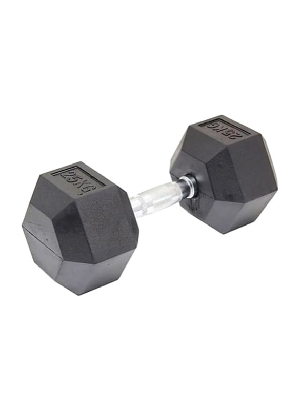 1441 Fitness Solid Cast Iron Core Rubber Coated Hex Dumbbell, 25KG, Black/Silver