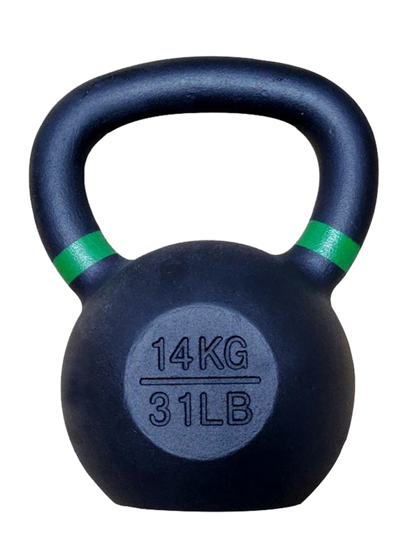 1441 Fitness Powder Coated Cast Iron Kettle Bell with LB and KG Markings, 14KG, Black/Green