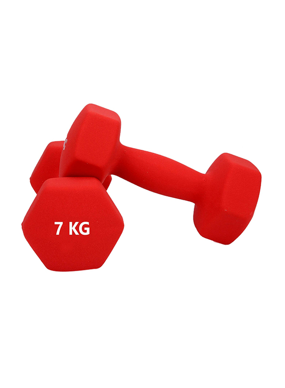 1441 Fitness Neoprene Hex Dumbbells, 2 x 7KG, Red