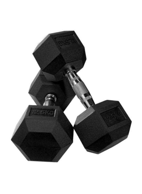 1441 Fitness Solid Cast Iron Core Rubber Coated Hex Dumbbell, 12.5KG, Black/Silver