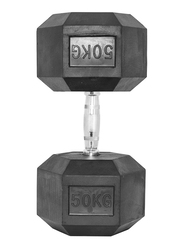 1441 Fitness Solid Cast Iron Core Rubber Coated Hex Dumbbell, 50KG, Black/Silver