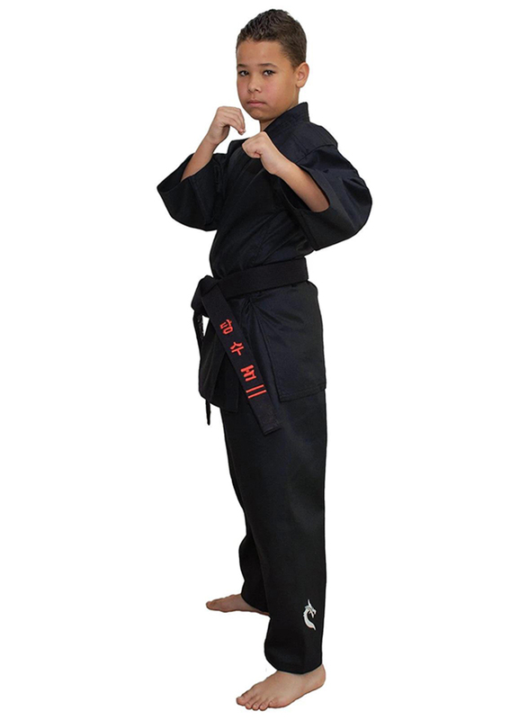 Tatsu Dragon 4/170 Karate Uniform with Gold Dragon Print, Black